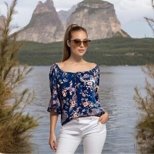Bailey & Chloe Blue Floral Paisley Bell Sleeve Blouse Women M Rayon Tassel NWOT